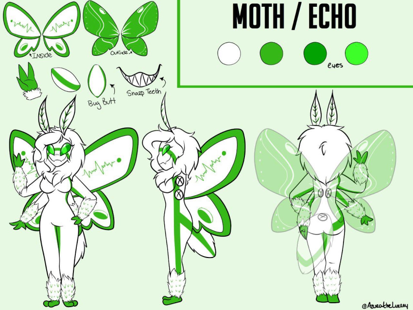 2_fingers 2_toes antennae_(anatomy) anthro arthropod azuratheluxray feet female fingers fur green_eyes hair insect insect_wings lepidopteran luna_moth mane mane_hair miss_moth model_sheet moth multi_arm multi_limb saturniid sharp_teeth teeth thorax_(body_part) toes white_body white_fur wings