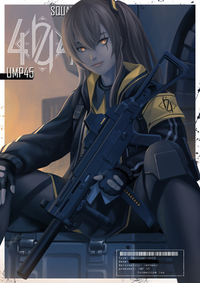 1girl 404_(girls_frontline) 404_logo_(girls_frontline) brown_eyes brown_hair fingerless_gloves girls_frontline gloves gun highres light_smile lips looking_at_viewer okita pantyhose scar scar_across_eye sitting skirt solo submachine_gun ump45_(girls_frontline) weapon