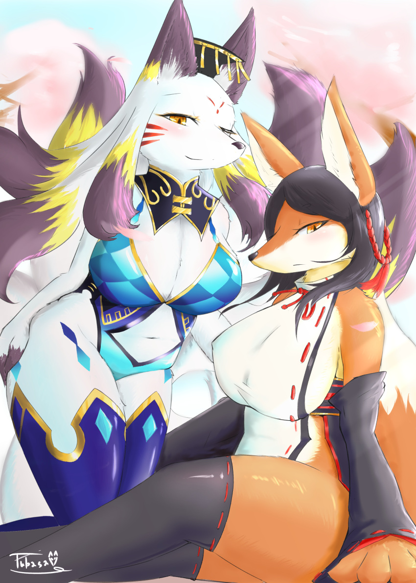 absurd_res anthro big_breasts blush breasts canid canine clothed clothing daji_(full_bokko_heroes) female fox full_bokko_heroes fur hair hi_res kemono looking_at_viewer mammal ogigayatsu_sadamasa_(full_bokko_heroes) tubasa white_body white_fur