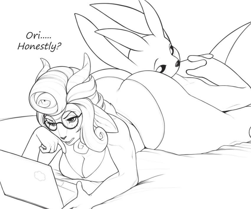 absa annoyed anthro bedding big_butt black_nose bottomwear bovid breasts butt butt_pillow caprine cleavage clothed clothing computer conditional_dnp curled_hair dialogue duo eyewear female glasses goat guardian_spirit hair laptop lying male male/female mammal on_front open_mouth ori ori_and_the_blind_forest rivals_of_aether topwear video_games xopachi