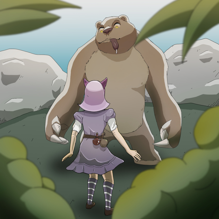 annie_(lol) bodily_fluids boulder cat_ear cel_shading claws clothed clothing drooling duo female feral fully_clothed grass hair hi_res high_socks human league_of_legends male male/female mammal pink_hair plant potion pyrogatto riot_games rock saliva scared shaded shrub teddy_bear teddy_bear_(species) ursid video_games