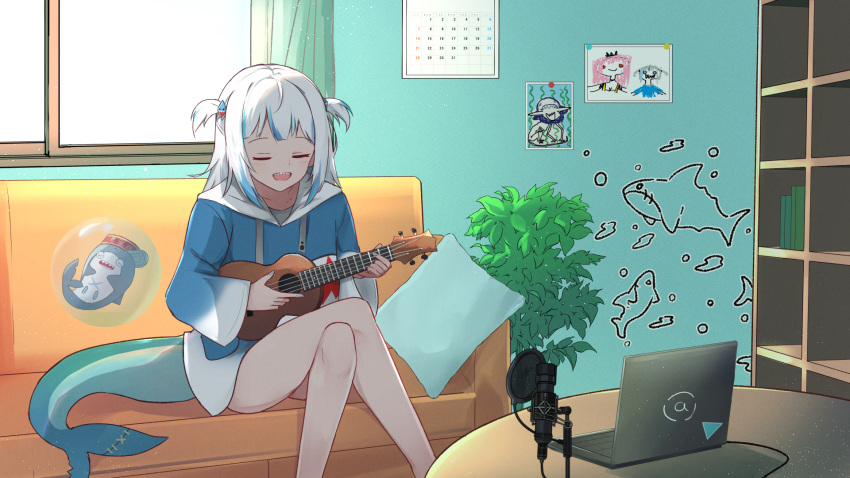 1girl a bangs bloop_(gawr_gura) blue_hair blue_hoodie blunt_bangs closed_eyes commentary computer couch crossed_legs fish_tail gawr_gura hair_ornament highres hololive hololive_english hood hoodie indoors instrument laptop living_room long_hair long_sleeves microphone multicolored_hair music no_pants on_couch open_mouth playing_instrument pop_filter shark_girl shark_hair_ornament shark_print shark_tail sharp_teeth shuuzo3 silver_hair singing sitting solo streaked_hair studio_microphone tail teeth two_side_up ukulele virtual_youtuber wide_sleeves