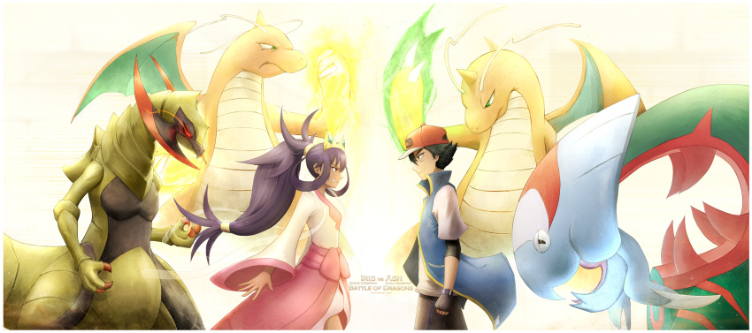 1boy 1girl ash_ketchum dracovish dragonite dress gen_1_pokemon gen_5_pokemon gen_8_pokemon haxorus highres iris iris_(pokemon) jcstr pink_dress pokemon pokemon_(anime) pokemon_(game) pokemon_bw smile tiara