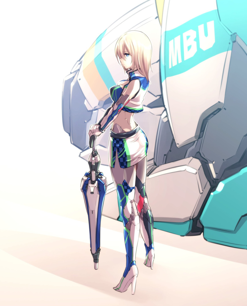 1girl alternate_costume android bandeau blue_eyes commentary cropped_jacket expressionless hair_between_eyes high_heels highres holding holding_umbrella ishiyumi looking_to_the_side mechanical_buddy_universe miniskirt momdroid_(mechanical_buddy_universe) platinum_blonde_hair race_queen robot_parts science_fiction short_hair side_slit skirt solo thighhighs umbrella