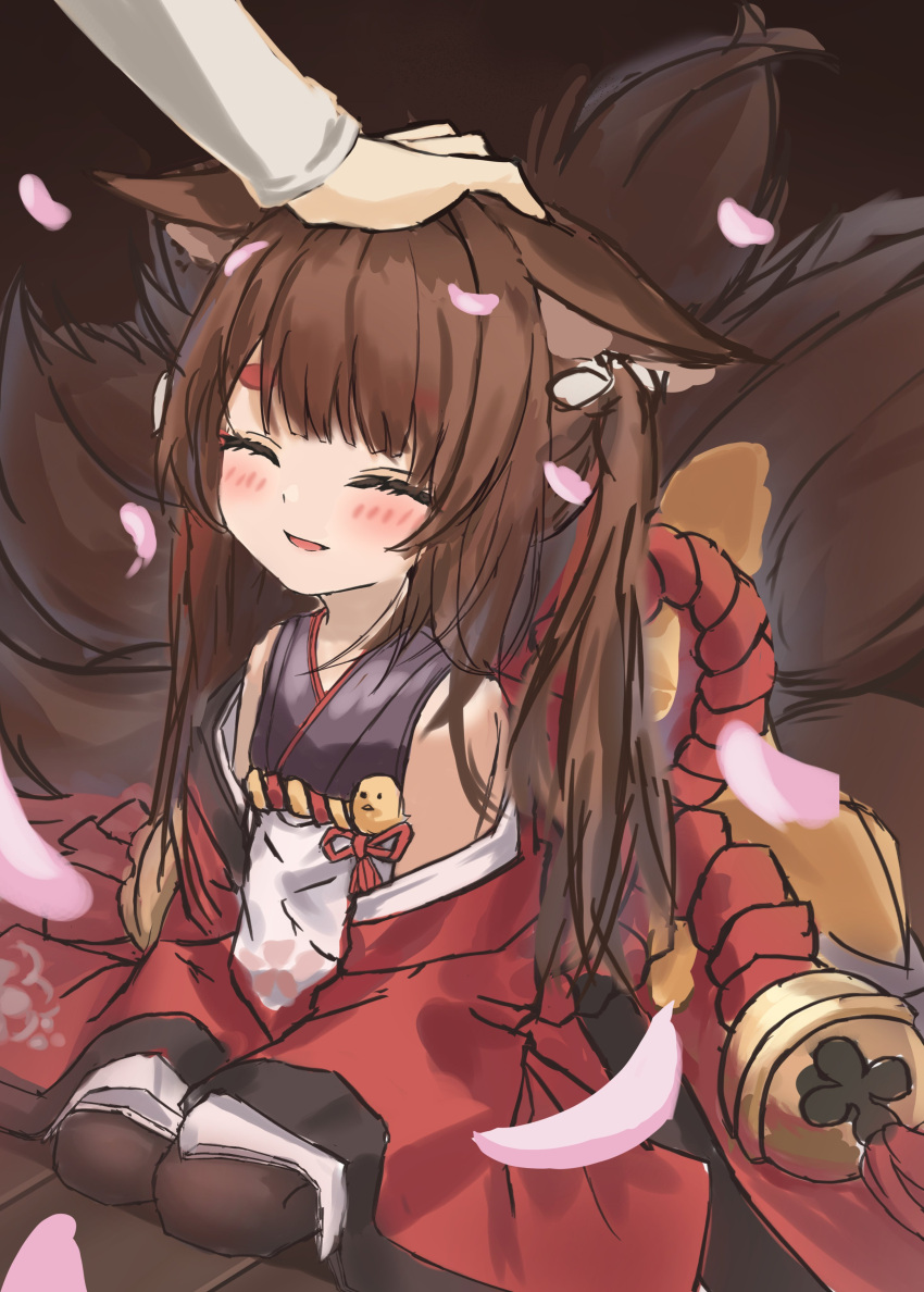 1girl ^_^ absurdres amagi-chan_(azur_lane) animal_ears azur_lane blush brown_tail closed_eyes fox_ears fox_girl fox_tail hand_on_another's_head headpat highres long_hair long_sleeves multiple_tails out_of_frame pla0658 sitting smile tail