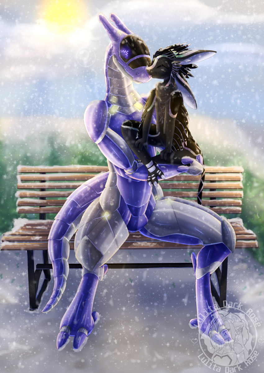 absurd_res ambiguous_gender avali bench crossed_legs duo feathers hi_res humanoid lulitadarkrose maxime_soad sitting smile snow synth_(vader-san)