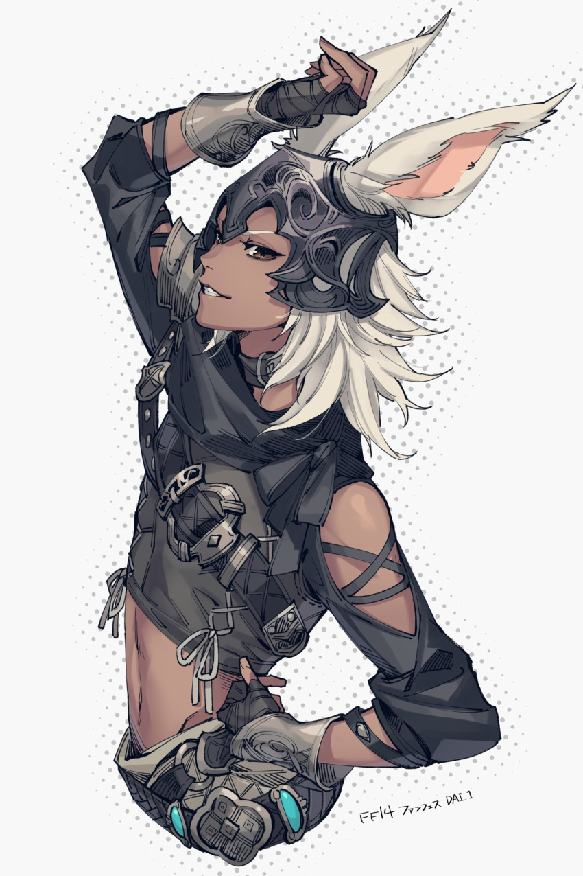 1boy animal_ears arm_up armor bandaged_hands bandages bare_shoulders belt black_choker brown_eyes bunny_ears choker clothing_cutout copyright_name dark_skin dark_skinned_male final_fantasy final_fantasy_xiv fingernails grey_hair hand_on_hip headgear highres male_focus medium_hair midriff navel parted_lips sash shoulder_cutout single_pauldron smile solo teeth tight viera westxost_(68monkey)