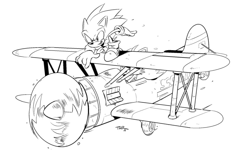 2019 aircraft airplane anthro ballad-of-gilgalad biped biplane black_and_white canid canine clothing crouching digital_media_(artwork) duo eulipotyphlan footwear fox fur gloves grin handwear hedgehog male mammal miles_prower monochrome plantigrade shoes smile sonic_the_hedgehog sonic_the_hedgehog_(series) wind