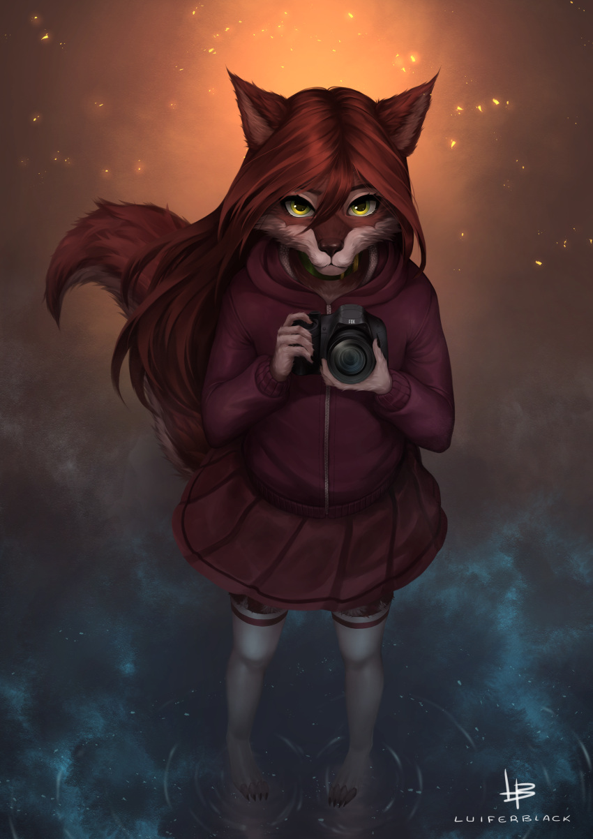 4_toes 5_fingers absurd_res anthro bottomwear camera canid canine canis clothing eyebrows eyelashes feet female fingers footwear fur green_eyes hair hi_res hoodie looking_at_viewer luifer_black mammal puddle red_body red_bottomwear red_clothing red_fur red_hair red_hoodie red_skirt red_topwear red_wolf skirt socks solo toes topwear watermark white_clothing white_footwear white_socks wolf zipper