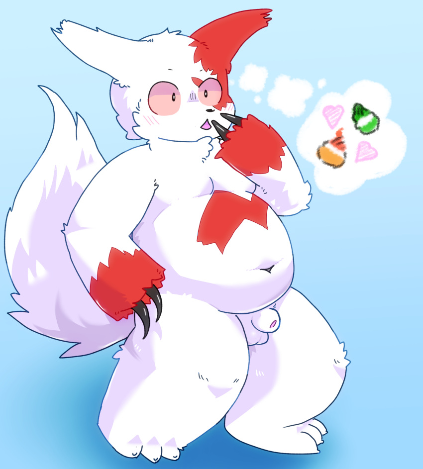 2021 absurd_res anthro balls belly flaccid genitals hi_res male navel nintendo overweight overweight_anthro overweight_male penis pok&eacute;_puff pok&eacute;mon pok&eacute;mon_(species) simple_background solo standing thinking thought_bubble video_games zangoose zanzan_(artist)