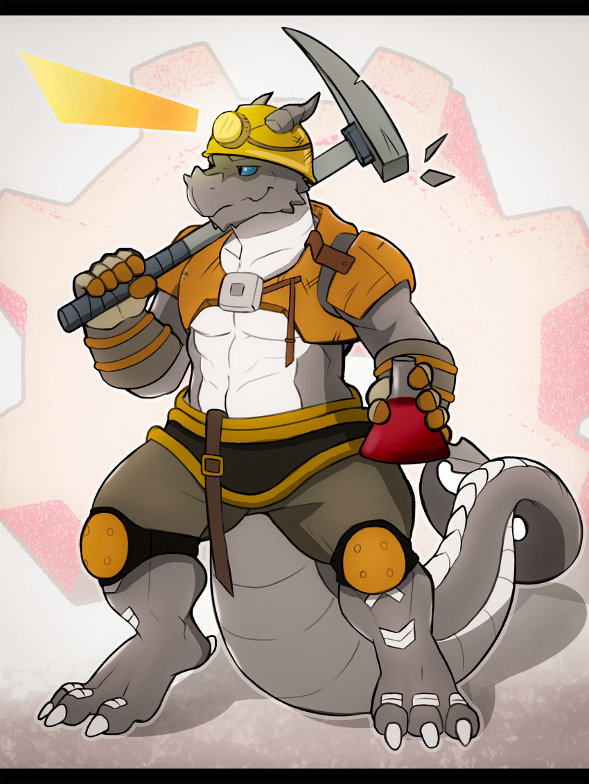 anthro armor black_clothing blue_eyes clothing cog cogwheel curved_horn engineer engineer_(factorio) factorio flask gear glistening glistening_eyes gloves grey_body grey_clothing grey_scales handwear hard_hat headgear headlamp helmet hi_res holding_object holding_tool horn kardukk knee_pads kobold looking_away male midriff orange_clothing pickaxe reptile scales scalie see-saw simple_background solo tools video_games white_body white_scales yellow_clothing