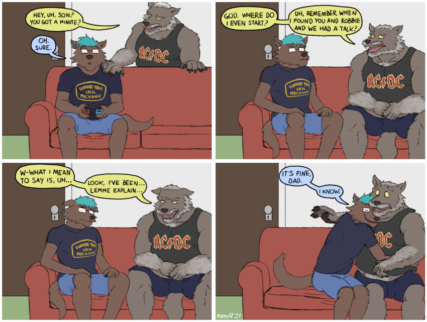 anthro boomer_(nanoff) canid canine canis clothing controller duo father father_and_child father_and_son furniture hi_res hug male mammal musclegut nanoff parent parent_and_child shirt sitting sofa son t-shirt tank_top topwear wolf zoomer_(nanoff)