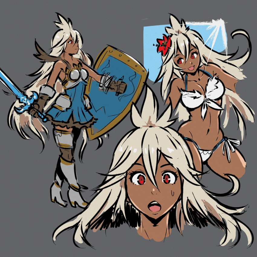 1girl akairiot armor armored_dress bikini breasts cowlick dark_skin dark_skinned_female granblue_fantasy grey_background hair_between_eyes highres holding holding_shield holding_sword holding_weapon long_hair medium_breasts multiple_views navel open_mouth red_eyes shield sweatdrop swimsuit sword very_long_hair weapon white_bikini white_hair zooey_(granblue_fantasy)