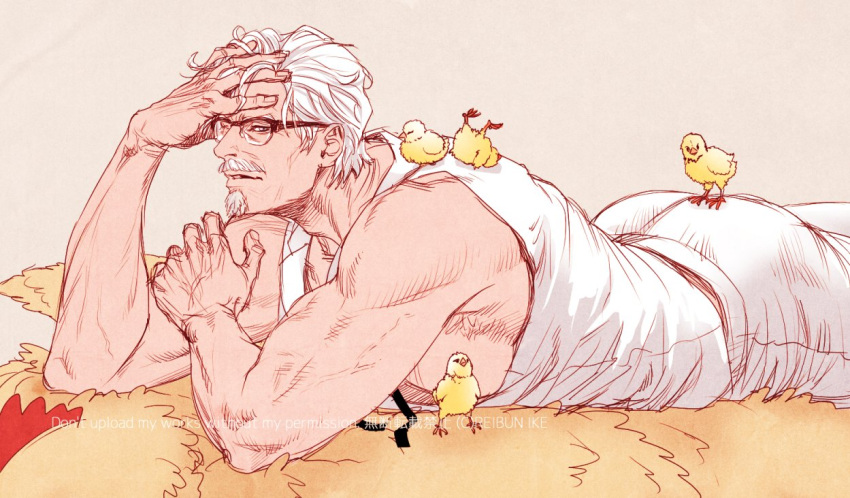 1boy animal bara beard bird chick colonel_sanders facial_hair glasses goatee hand_on_forehead i_reibun kfc looking_at_viewer lying male_focus mature_male muscular muscular_male mustache on_stomach pants short_hair too_many too_many_chicks vest white_hair white_pants white_vest