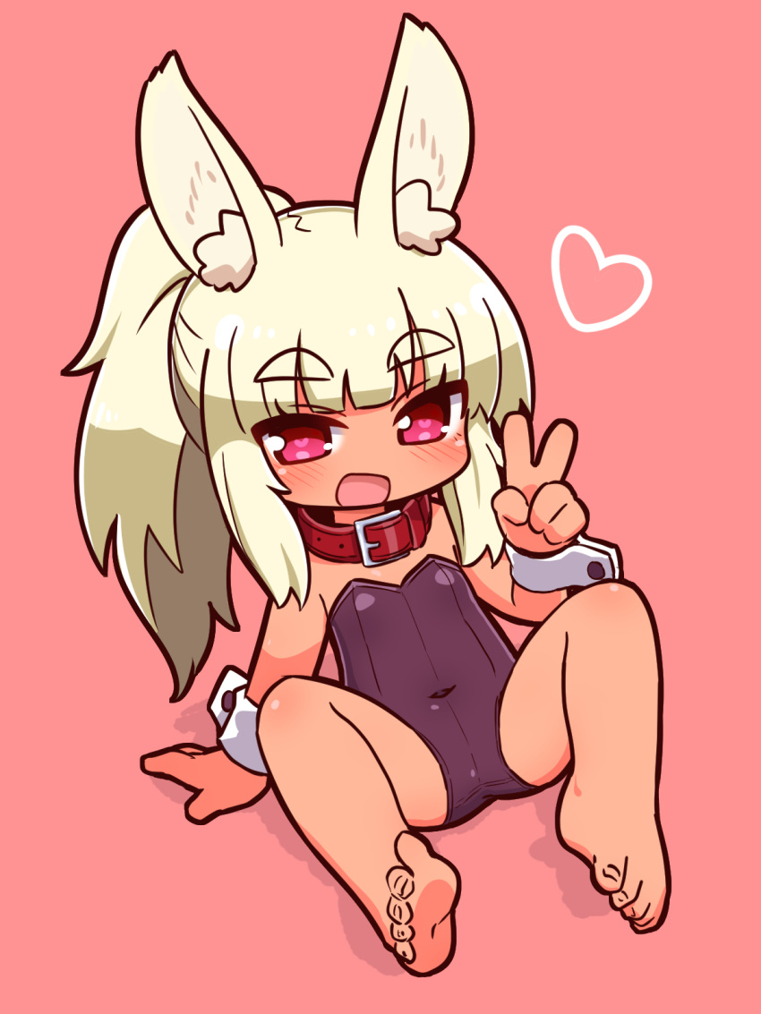 1girl :d animal_ear_fluff animal_ears bare_legs bare_shoulders barefoot blonde_hair blush breasts bunny_ears collar commentary_request covered_navel dark_skin dark_skinned_female full_body hand_up heart heart-shaped_pupils highres leotard long_hair looking_at_viewer masurao_(sekaiju) naga_u open_mouth pink_background ponytail purple_leotard red_collar red_eyes revision sekaiju_no_meikyuu sekaiju_no_meikyuu_5 shadow sidelocks small_breasts smile solo strapless strapless_leotard symbol-shaped_pupils thick_eyebrows v very_long_hair wrist_cuffs