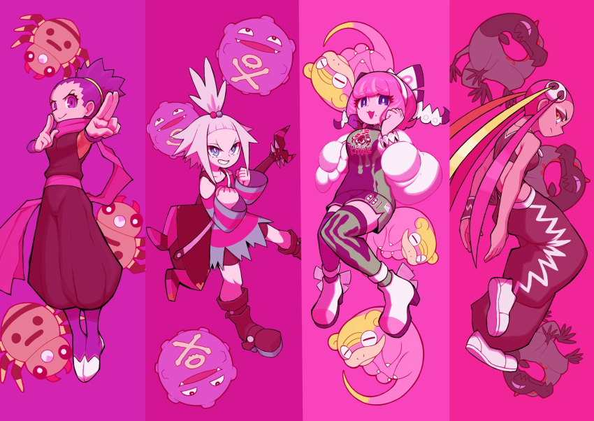 4girls bike_shorts boots clenched_hands closed_mouth commentary_request dark_skin dark_skinned_female dress galarian_form galarian_slowpoke gen_1_pokemon gen_2_pokemon gen_7_pokemon gen_8_pokemon grin hair_bobbles hair_ornament hairband hands_up highres janine_(pokemon) klara_(pokemon) koffing looking_back mole mole_under_mouth multicolored_hair multiple_girls pants pink_hair plumeria_(pokemon) pokemon pokemon_(creature) pokemon_(game) pokemon_bw2 pokemon_hgss pokemon_sm pokemon_swsh purple_eyes purple_hair quad_tails roxie_(pokemon) rudosan salandit scarf shirt shoes short_dress shorts smile spinarak striped striped_dress thighhighs tied_hair topknot white_footwear white_hair white_hairband wristband