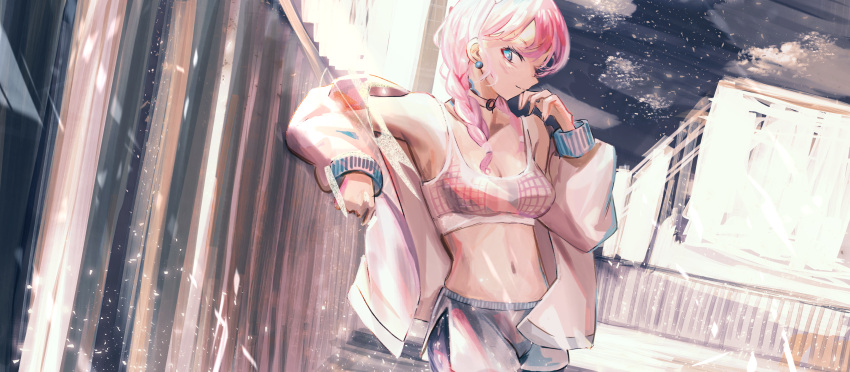 1girl arknights arm_support armpits bad_id bad_pixiv_id bare_shoulders blue_eyes blue_poison_(arknights) blue_poison_(shoal_beat)_(arknights) braid breasts choker collarbone commentary cowboy_shot crop_top hairband highres jacket long_sleeves looking_at_viewer low_twintails medium_breasts midriff navel off_shoulder official_alternate_costume open_clothes open_jacket outdoors pink_hair shirt short_shorts shorts sleeveless sleeveless_shirt solo spaghetti_strap standing stomach tibaya8 twin_braids twintails white_jacket white_shirt white_shorts