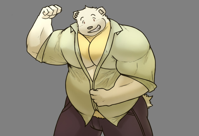 2020 alfredblaze american_black_bear anthro black_bear bottomwear chuck_(alfredblaze) clothing fur humanoid_hands kermode_bear male mammal musclegut overweight overweight_anthro overweight_male pants shirt simple_background solo topwear ursid ursine white_body white_fur