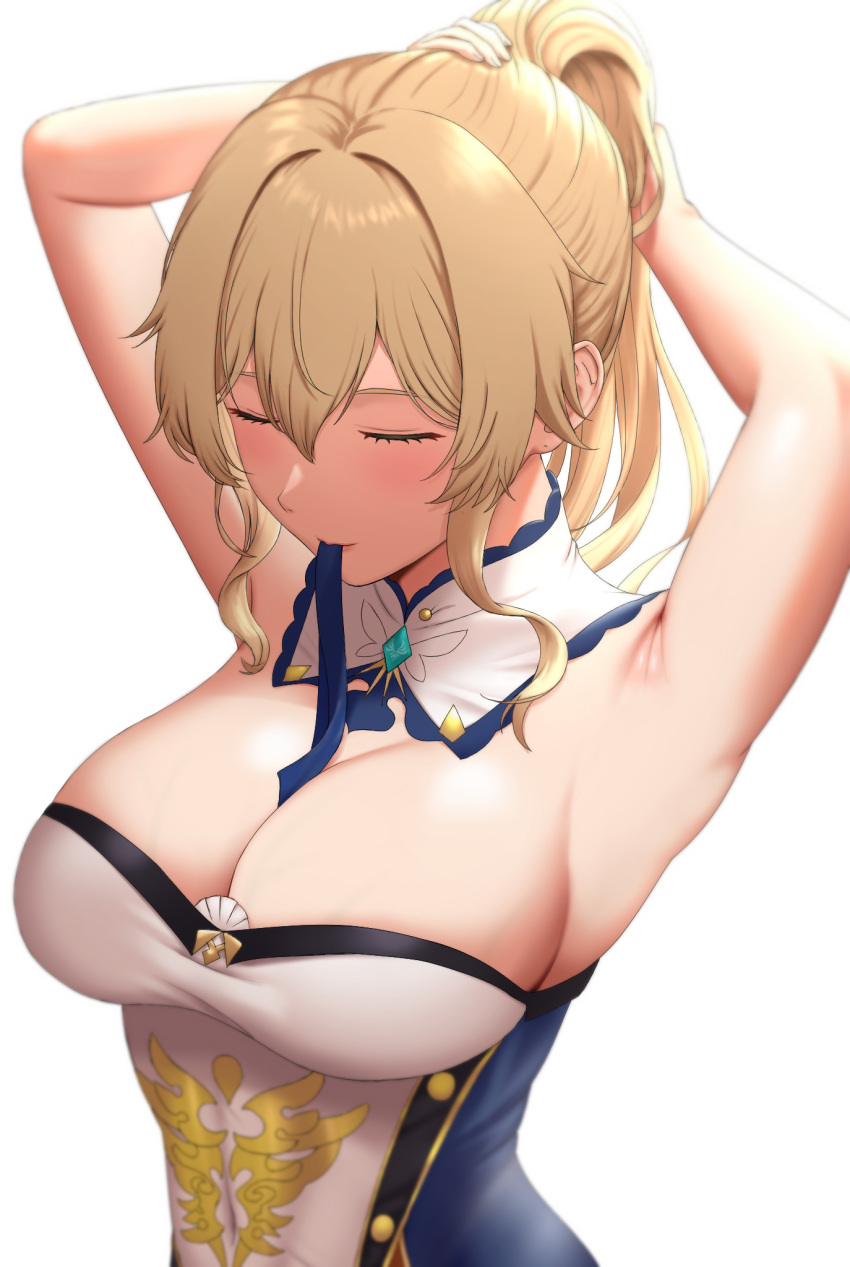 1girl 1nilla' armpits arms_up bangs bare_shoulders blonde_hair breasts cleavage detached_collar genshin_impact hair_between_eyes high_ponytail highres jean_gunnhildr large_breasts sidelocks tying_hair