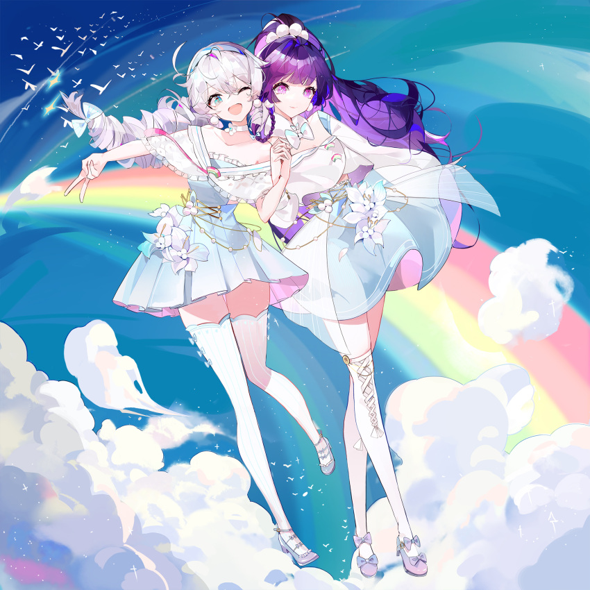 2girls bare_shoulders benghuai_xueyuan bird blue_dress blue_eyes blue_hairband blue_sky bow bowtie breasts choker closed_mouth cloud collarbone commentary_request detached_collar dress dress_flower eyebrows_visible_through_hair flower frilled_dress frills full_body hairband highres holding_hands honkai_(series) kiana_kaslana leaning_on_person long_hair low-tied_long_hair medium_breasts midair multiple_girls off-shoulder_dress off_shoulder one_eye_closed open_mouth outdoors pink_ribbon pleated_dress ponytail purple_eyes purple_hair raiden_mei rainbow ribbon shawl skindentation sky sleeveless sleeveless_dress smile strapless strapless_dress taiz22 thighhighs v white_choker white_dress white_flower white_footwear white_hair white_legwear white_neckwear zettai_ryouiki