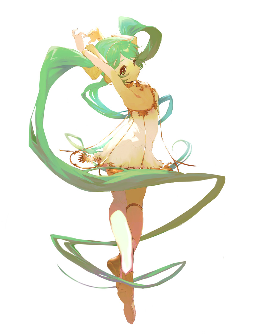1girl absurdly_long_hair absurdres armpits arms_behind_head arms_up backlighting ballet bare_arms bracelet chest_tattoo closed_mouth dancing dress eyelashes flat_chest full_body green_eyes green_hair hatsune_miku headphones highres jewelry legs_together light_smile long_hair looking_at_viewer looking_back miku_symphony_(vocaloid) neck_ribbon neck_ring number_tattoo reina ribbon see-through_dress shiny shiny_hair shoe_soles shoes short_dress simple_background single_thighhigh solo standing standing_on_one_leg strapless strapless_dress tareme tattoo thighhighs thighlet tiptoes twintails very_long_hair vocaloid wavy_hair white_background white_dress white_legwear