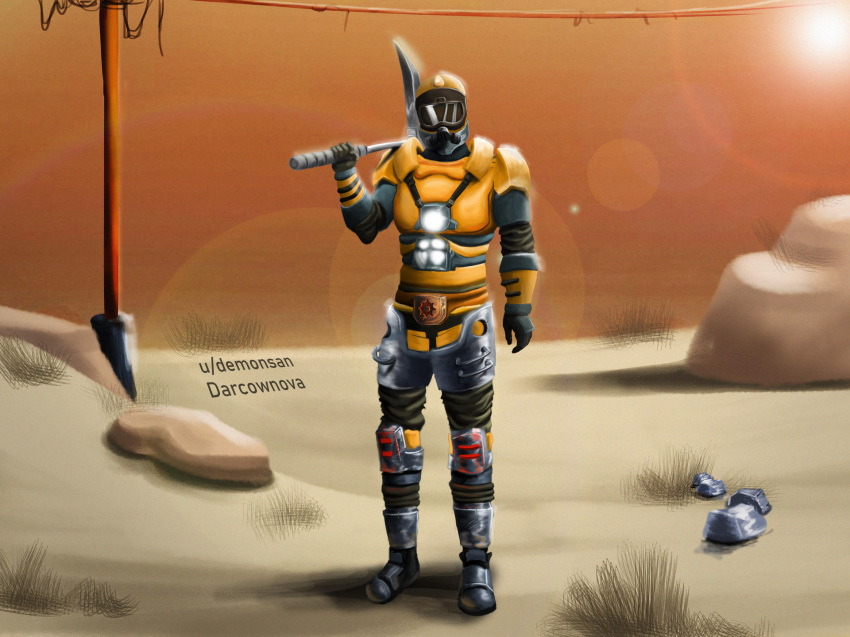ambiguous_gender armor barren black_clothing clothing cog cogwheel darcownova_(artist) engineer engineer_(factorio) eyewear factorio gas_mask gear goggles grass hard_hat headgear helmet hi_res holding_object holding_tool human knee_pads lens_flare looking_at_viewer machine male mammal mask orange_clothing pickaxe plant power_armor power_lines rebreather rock sand signature solo sun tools video_games yellow_clothing
