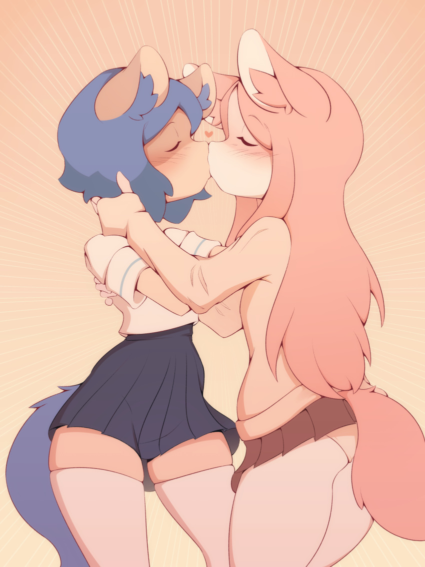 &lt;3 absurd_res anthro blush blush_lines bottomwear brand_new_animal canid canine clothed clothing duo ears_up eyes_closed female female/female fox hi_res hug inner_ear_fluff kiss_on_lips kissing legwear mammal michiru_kagemori nazuna_hiwatashi nepentz panties raccoon_dog raised_bottomwear raised_clothing raised_skirt school_uniform side_view skirt stockings studio_trigger sweater tanuki topwear tuft underwear uniform white_clothing white_legwear white_stockings