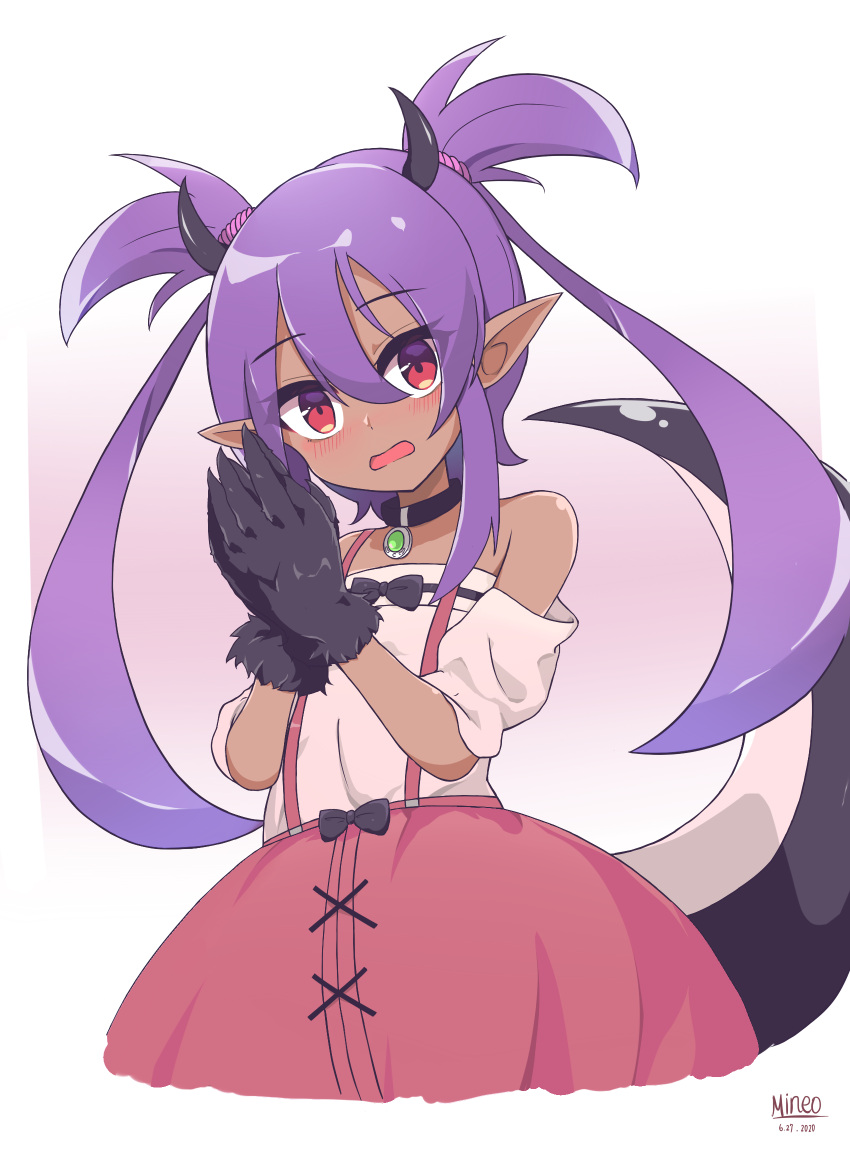 100_percent_orange_juice 1girl bangs bare_shoulders blush bow dark_skin dark_skinned_female dated eyebrows_visible_through_hair gloves grey_gloves heart413 highres horns long_hair long_sleeves lulu_(orange_juice) off-shoulder_shirt off_shoulder parted_lips purple_hair quad_tails red_eyes shirt sidelocks signature simple_background skirt solo standing suspender_skirt suspenders tail