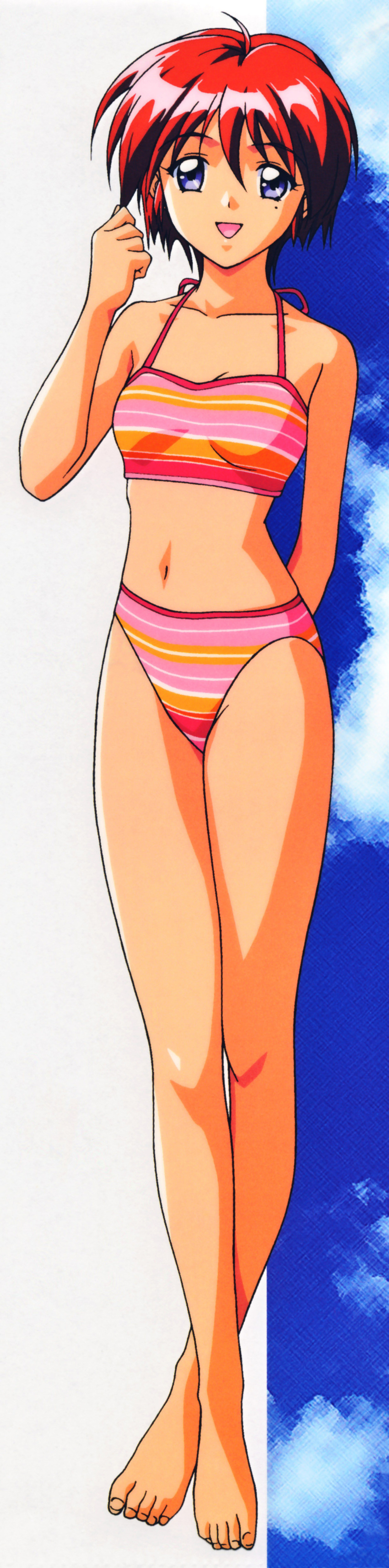 1990s_(style) 1girl absurdres arm_behind_back barefoot bikini blue_eyes full_body highres hinomoto_hikari kokura_masashi long_image looking_at_viewer mole mole_under_eye navel official_art open_mouth red_hair retro_artstyle scan short_hair solo standing striped striped_bikini swimsuit tall_image tokimeki_memorial tokimeki_memorial_2