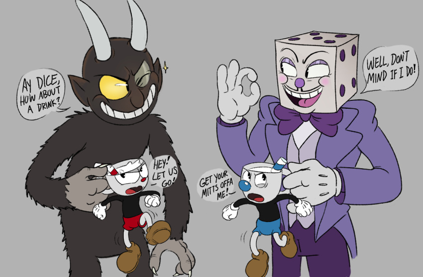 ? animate_inanimate black_fur brother brothers clothed clothing cuphead_(character) cuphead_(game) demon dialogue english_text footwear fur gloves grey_background group horn king_dice larger_male male mugman nude object_head one_eye_closed shoes shorts sibling simple_background size_difference smaller_male speech_bubble text the_devil_(cuphead) toxic-boner video_games wink yellow_eyes