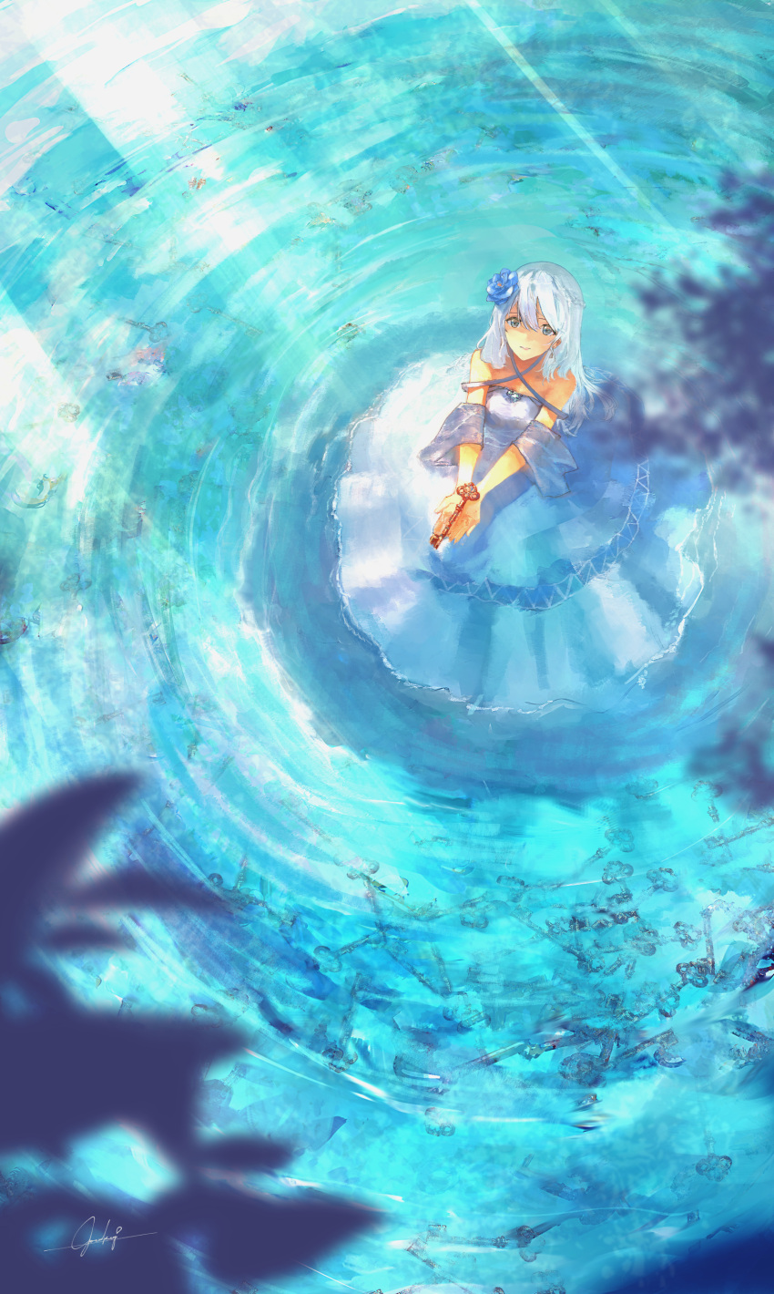 1girl absurdres bangs black_eyes blue_flower blue_rose closed_mouth commentary_request day dress flower goroku hair_flower hair_ornament highres holding key long_hair ocean original outdoors rose scenery signature sitting smile solo wading water white_dress white_hair