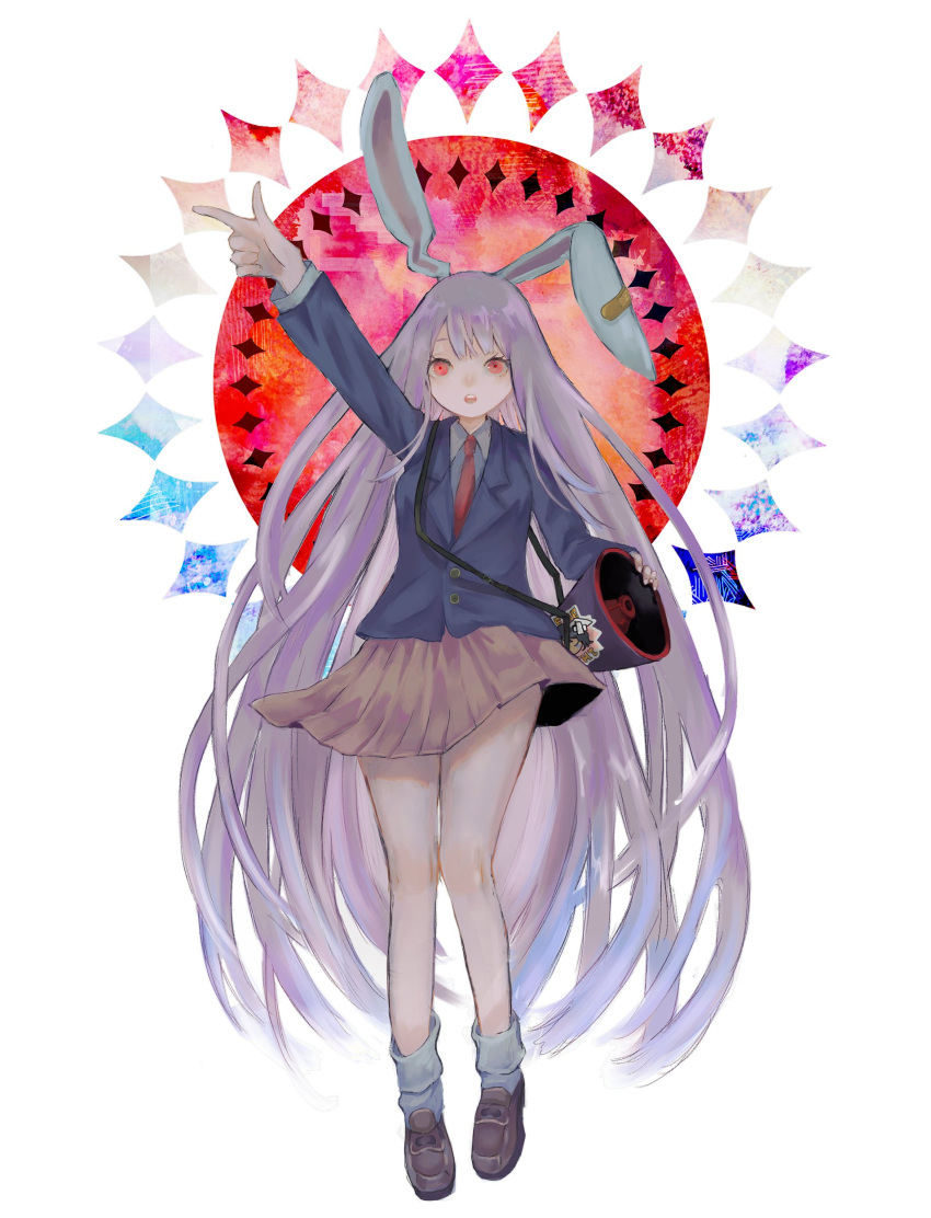 absurdres animal_ears bangs blazer blouse bobby_socks brown_footwear bunny_ears collared_blouse finger_gun full_body highres jacket light_purple_hair loafers long_hair long_sleeves moon_rabbit necktie pleated_skirt red_eyes red_neckwear reisen_udongein_inaba sano_naoi shoes skirt socks touhou very_long_hair white_background white_blouse