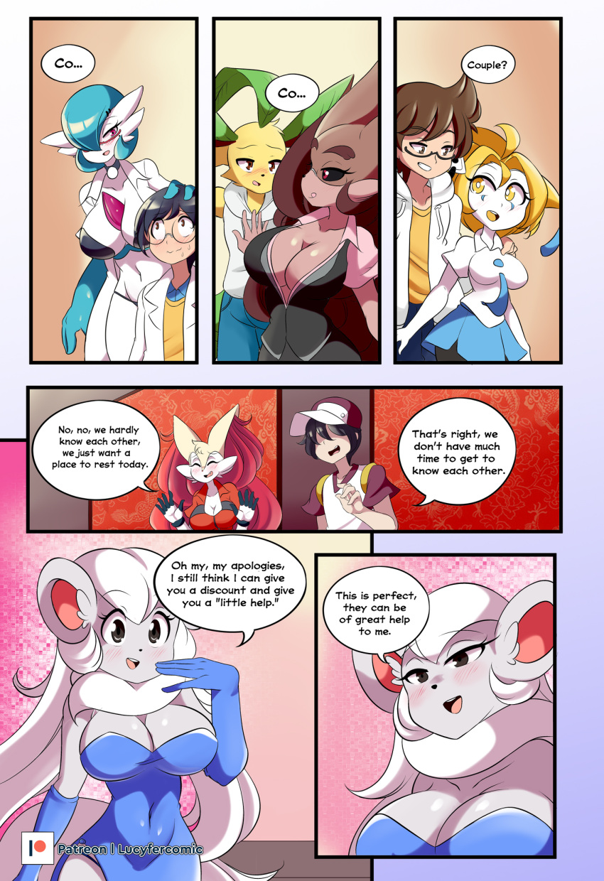 anthro anthrofied blush braixen bray_(lucyfercomic) breasts cinccino cleavage clothed clothing comic cute_fangs dr._voir dress eeveelution english_text eyewear female gardevoir glasses gloves group hair_over_eyes handwear hat headgear headwear hi_res human hybrid inner_ear_fluff inside leafeon licking licking_lips licking_own_lips lucyfercomic male mammal nintendo pok&eacute;mon pok&eacute;mon_(species) pok&eacute;mon_trainer pok&eacute;morph self_lick speech_bubble text tongue tongue_out tuft video_games