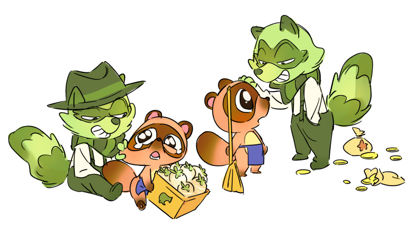 addictiya animal_crossing anthro broom canid canine child cleaning_tool group happy_tree_friends hi_res lifty_(htf) male mammal money_bag nintendo pinching_cheeks procyonid raccoon raccoon_dog shifty_(htf) tanuki timmy_nook tommy_nook video_games young