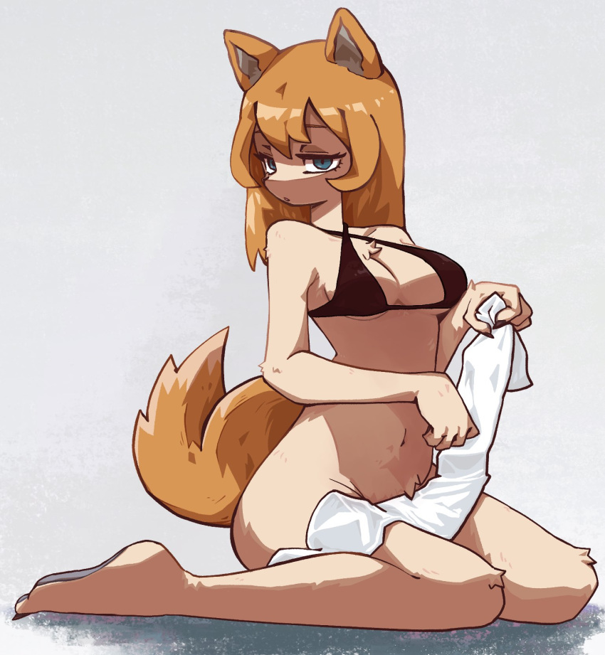 amano anthro black_bra black_clothing black_underwear blue_eyes bra breasts canid canine clothing colored digital_media_(artwork) female fur hair hi_res looking_at_viewer mammal orange_hair simple_background solo underwear white_background