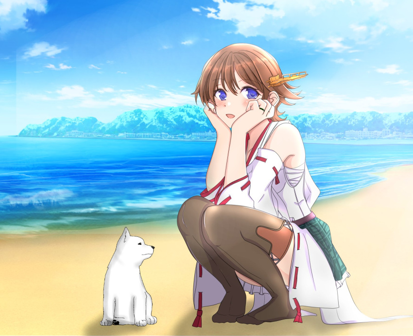 1girl beach blue_eyes blue_sky boots brown_hair cloud commentary_request day detached_sleeves dog flipped_hair full_body green_skirt hairband headgear hiei_(kancolle) highres jewelry kantai_collection looking_at_viewer mountain nitamago_(sakamalh) outdoors plaid plaid_skirt ribbon-trimmed_sleeves ribbon_trim ring short_hair skirt sky squatting thigh_boots thighhighs wedding_band
