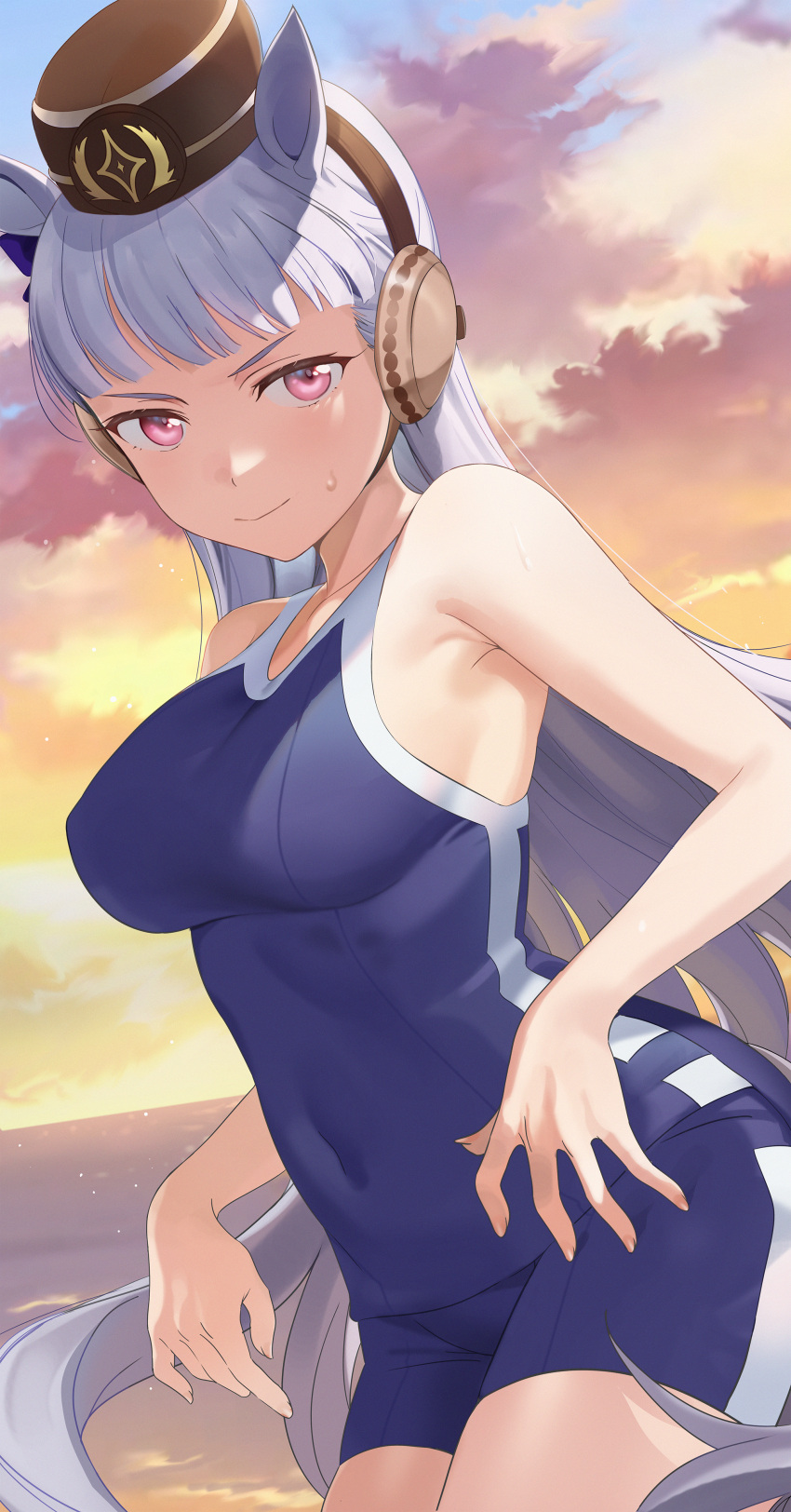 1girl absurdres animal_ears bangs bare_shoulders blue_swimsuit breasts brown_headwear cowboy_shot gold_ship_(umamusume) highres horse_ears horse_girl horse_tail huge_filesize long_hair looking_at_viewer medium_breasts one-piece_swimsuit pillbox_hat red_eyes seicoh silver_hair smile solo standing sweatdrop swimsuit tail umamusume very_long_hair
