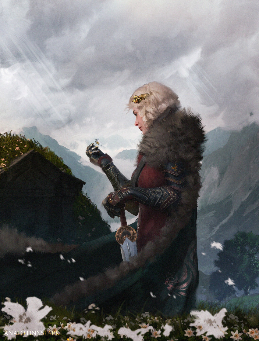 1girl anatofinnstark artist_name crown day eowyn flower from_side fur-trimmed_jacket fur_trim gauntlets grave highres holding holding_flower holding_sword holding_weapon jacket lord_of_the_rings outdoors profile scenery short_hair solo standing sword tree weapon white_flower