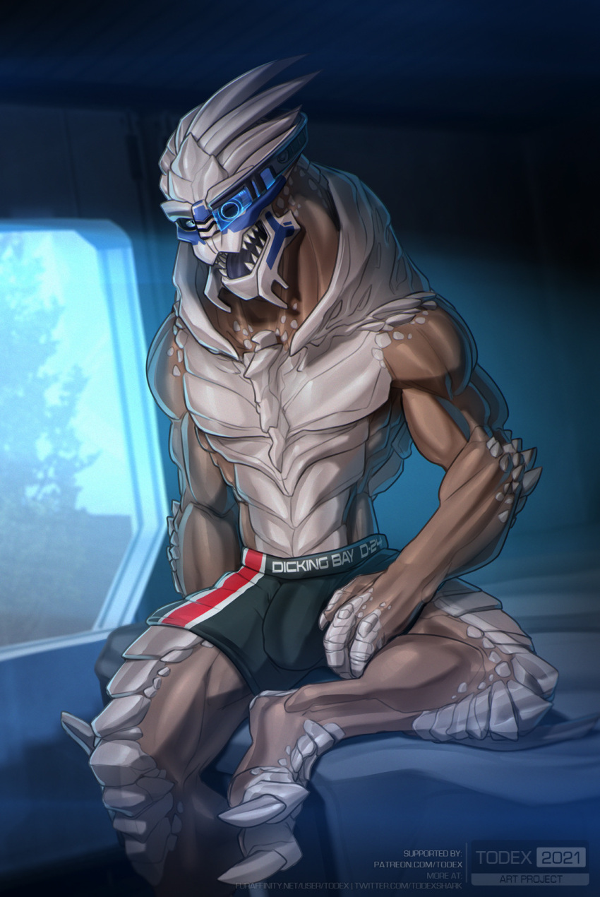 alien anthro aquarium bulge claws clothed clothing digital_media_(artwork) feet garrus_vakarian hi_res looking_at_viewer male mass_effect mostly_nude muscular muscular_anthro muscular_male not_furry open_mouth partially_clothed scales solo todex toes tongue turian underwear video_games visor vivarium water