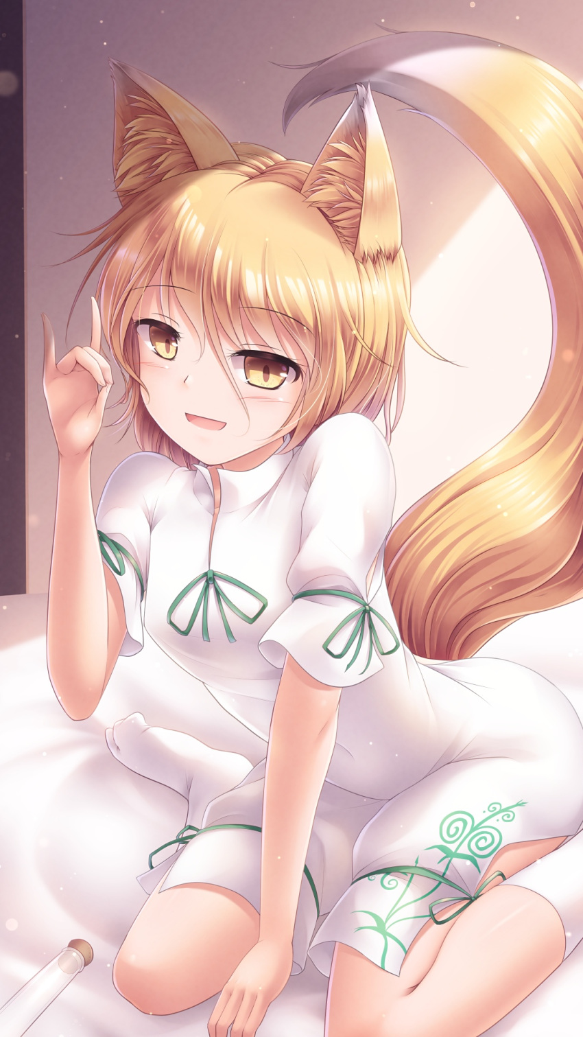 1girl :d animal_ear_fluff animal_ears bangs blonde_hair blush commentary_request eyebrows_visible_through_hair fox_ears fox_girl fox_shadow_puppet fox_tail highres indoors jumpsuit kudamaki_tsukasa looking_at_viewer lzh no_shoes open_mouth short_hair short_sleeves sitting smile socks solo tail test_tube touhou wariza white_legwear yellow_eyes
