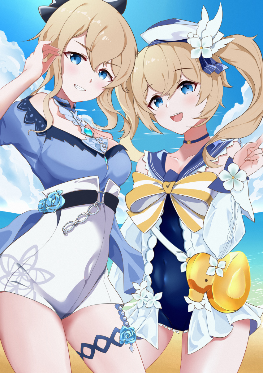 2girls absurdres barbara_pegg bare_shoulders beach belt blonde_hair blouse blue_eyes blue_flower blue_rose blue_sky blue_swimsuit blush bow bowtie breasts casual choker cowboy_shot detached_collar drill_hair flower genshin_impact hair_bow hat highres huang_cheng_yu jean_gunnhildr jewelry long_sleeves looking_at_viewer medium_breasts multiple_girls off_shoulder one-piece_swimsuit open_clothes ponytail rose rubber_duck shorts siblings sisters sky smile swimsuit twin_drills twintails white_shorts