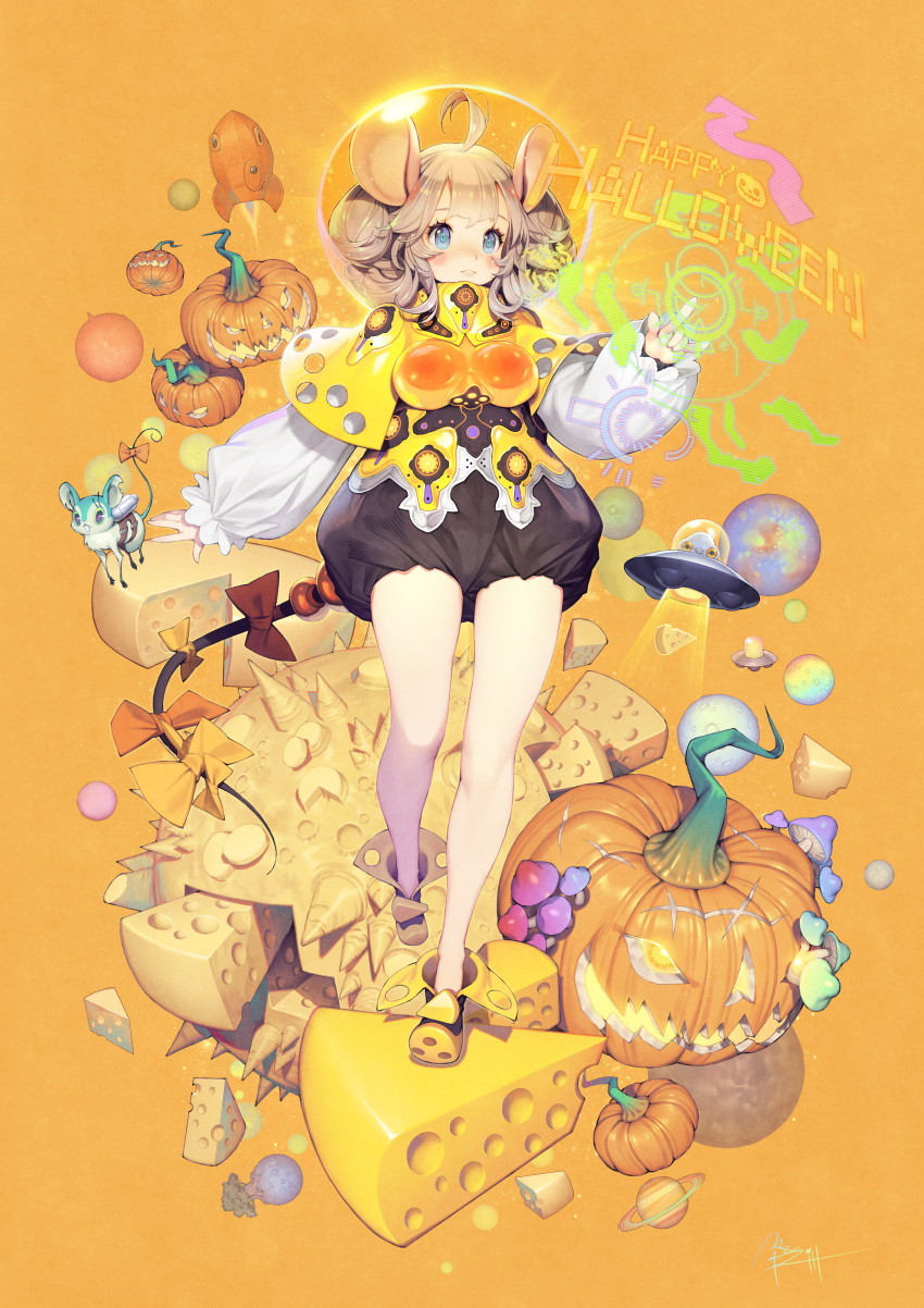 1girl absurdres animal_ears backlighting bare_legs blue_eyes blush cheese food halloween highres hologram light_particles mandrill mouse_ears mouse_tail mushroom orange_theme original pumpkin solo tail ufo