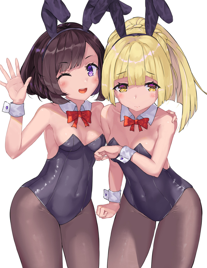 2girls animal_ears bangs black_hair black_legwear black_leotard blonde_hair bow bowtie breasts bunny_ears bunny_tail cowboy_shot dantahi01 detached_collar highres leotard lillie_(pokemon) long_hair multiple_girls orange_neckwear pantyhose playboy_bunny pokemon pokemon_(game) pokemon_sm ponytail purple_eyes selene_(pokemon) short_hair simple_background small_breasts swept_bangs tail white_background yellow_eyes