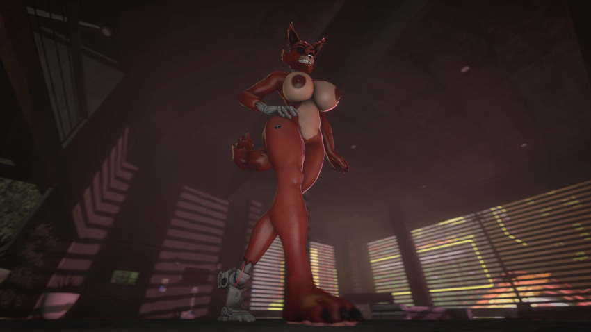 16:9 3d_(artwork) absurd_res animatronic anthro big_breasts breasts canid canine crossgender digital_media_(artwork) eye_patch eyewear female five_nights_at_freddy's fox foxy_(fnaf) gold97fox hi_res low-angle_view machine mammal robot snarling solo source_filmmaker video_games widescreen window window_blinds worm's-eye_view