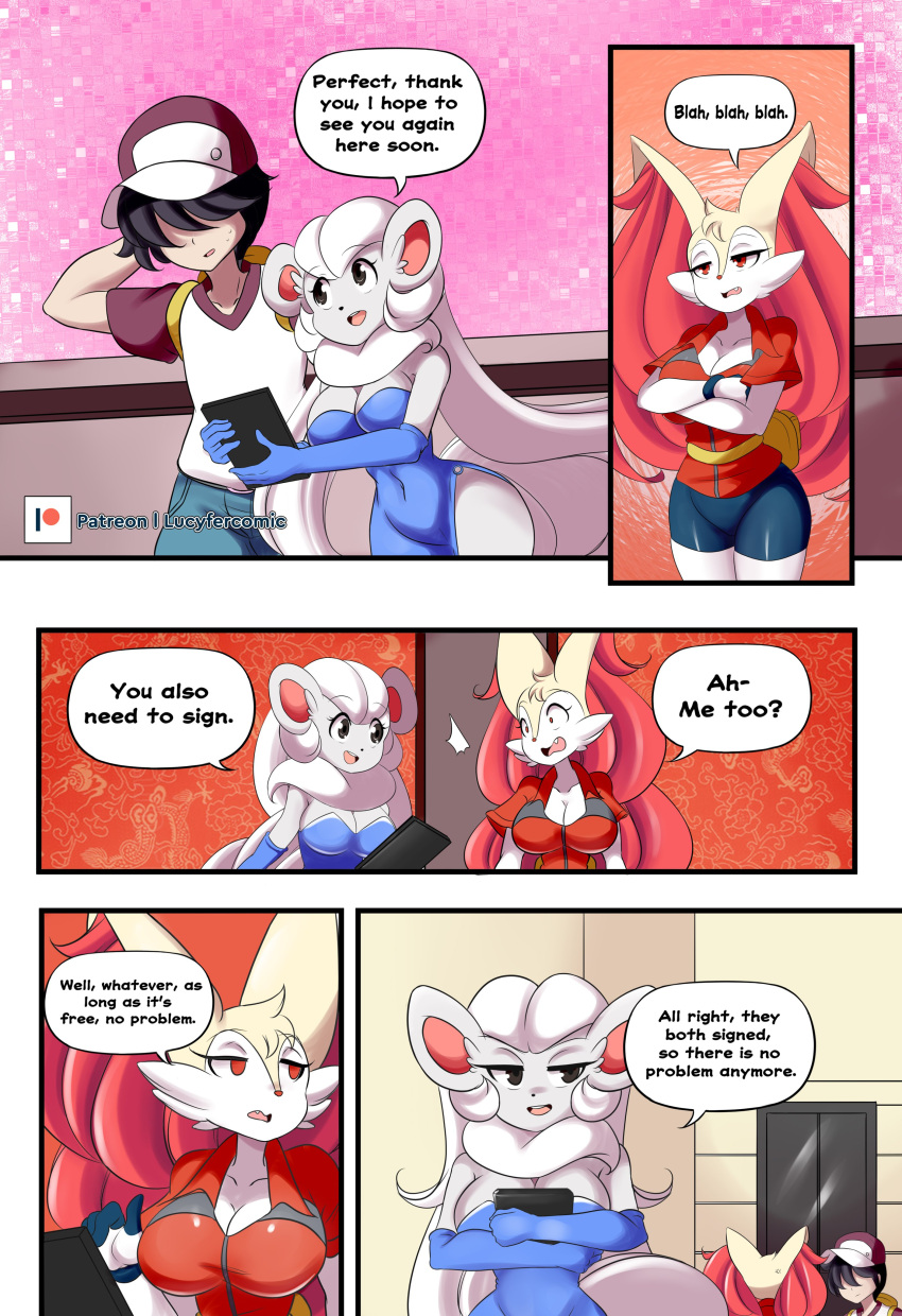 absurd_res anthro anthrofied braixen bray_(lucyfercomic) cinccino clothing comic crossed_arms cute_fangs dress elevator female gloves group hair_over_eyes handwear hat headgear headwear hi_res human inner_ear_fluff lucyfercomic male mammal nintendo pok&eacute;mon pok&eacute;mon_(species) pok&eacute;mon_trainer pok&eacute;morph speech_bubble text tuft video_games