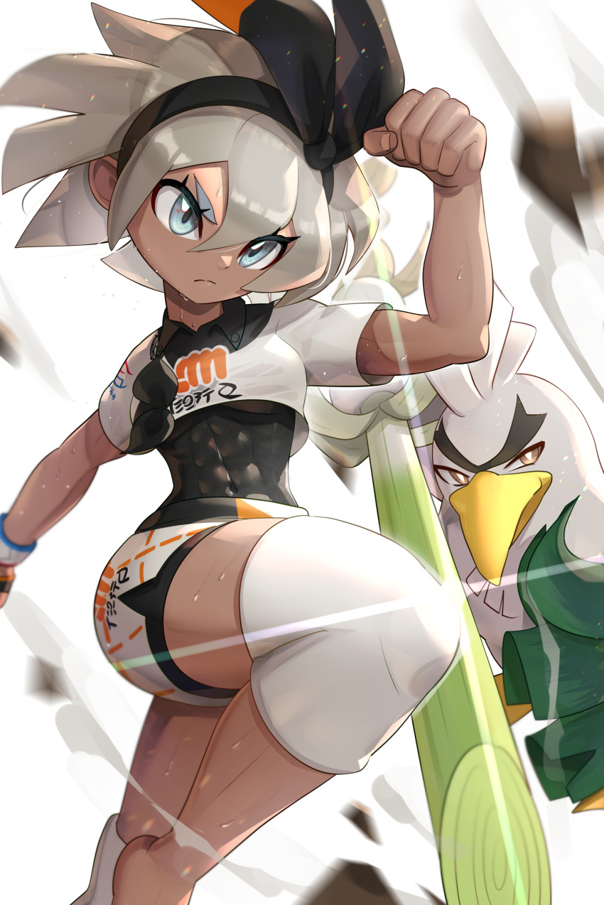 1girl absurdres bangs bea_(pokemon) black_bodysuit black_hairband blurry bodysuit bodysuit_under_clothes bow_hairband clenched_hand closed_mouth collared_shirt commentary covered_abs dark_skin dark_skinned_female dynamax_band eyelashes frown gen_8_pokemon gloves gonzarez grey_eyes grey_hair gym_leader hair_between_eyes hairband highres knee_pads pokemon pokemon_(creature) pokemon_(game) pokemon_swsh print_shirt print_shorts shirt short_sleeves shorts side_slit side_slit_shorts single_glove sirfetch'd spring_onion