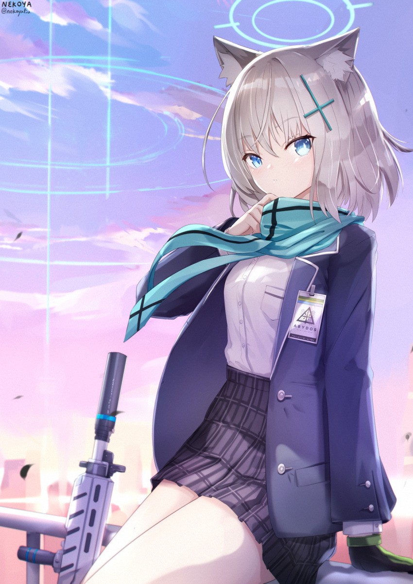 1girl animal_ear_fluff animal_ears assault_rifle bangs black_gloves black_skirt blazer blue_archive blue_eyes blue_jacket blue_scarf breasts cat_ears cloud eyebrows_visible_through_hair gloves grey_hair gun hair_ornament halo hand_up highres jacket long_sleeves looking_at_viewer md5_mismatch nekoya_(liu) open_clothes open_jacket outdoors pleated_skirt rifle scarf school_uniform shiroko_(blue_archive) shirt sig_sauer sig_sauer_556 signature single_glove skirt sky small_breasts solo sunset twitter_username weapon white_shirt