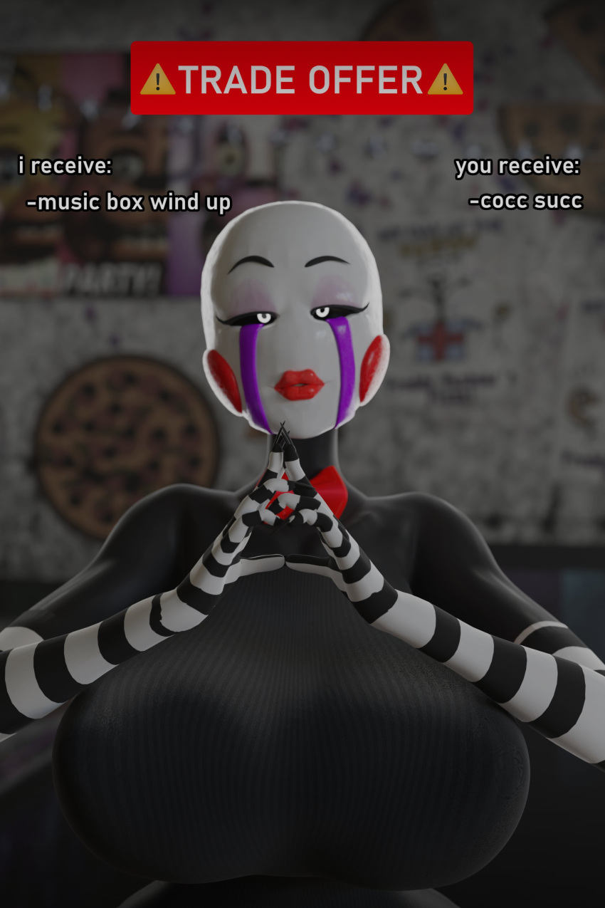 2021 2:3 3d_(artwork) absurd_res animatronic bald big_breasts black_body black_eyebrows blurred_background breasts digital_media_(artwork) english_text eyebrows eyelashes facial_markings female fingers five_nights_at_freddy's five_nights_at_freddy's_2 half-closed_eyes head_markings hi_res huge_breasts lipstick living_puppet looking_at_viewer machine makeup marionette_(fnaf) markings meme multicolored_body narrowed_eyes not_furry puppet_(fnaf) red_cheeks red_lipstick robot solo striped_arms sunr4y tear_(marking) text trade_offer video_games