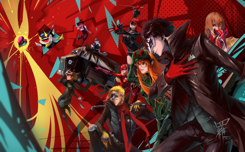 +_+ 5boys 5girls absurdres ahoge akechi_gorou amamiya_ren ammunition_belt animal_ears arm_on_knee arm_up arms_up ascot athletic_leotard bandolier bangs belt biker_clothes bikesuit black_cat black_choker black_coat black_corset black_feathers black_footwear black_hair black_jacket black_legwear black_leotard black_mask black_scarf black_van black_vest blonde_hair blouse blue_bodysuit blue_eyes blue_gloves blue_hair blue_jacket blue_legwear blue_track_suit blunt_bangs bodysuit braid breasts brown_hair capelet cat cat_ears cat_tail cavalier_hat chain choker cleavage clipboard coat coattails collar collared_coat collared_jacket collared_shirt corset cropped_jacket crown_braid curly_hair dated dress_shirt elbow_gloves epaulettes fake_tail feathers fox_mask fox_tail frilled_jacket frilled_sleeves frills from_behind from_side gem glasses gloves green_bodysuit green_gloves grey_mask grey_shirt ground_vehicle hair_between_eyes hair_intakes hand_on_own_chest hand_up hat hat_feather head_tilt heart heart-shaped_gem high_collar high_ponytail highres hime_cut holding holding_clipboard holding_mask holding_paintbrush holding_pipe holding_sword holding_weapon holding_whip jabot jacket jumping kitagawa_yuusuke knee_pads knee_up large_hat latex latex_bodysuit lead_pipe leg_up legs_apart legwear_under_shorts leotard long_hair long_scarf long_sleeves looking_at_viewer looking_to_the_side mask masquerade_mask midair morgana_(persona_5) motor_vehicle multicolored multicolored_background multiple_boys multiple_girls niijima_makoto okumura_haru one_eye_closed open_mouth orange_hair outstretched_arm outstretched_arms paintbrush pantyhose parted_lips persona persona_5 persona_5_the_royal personification pink_blouse pink_gloves pipe pointed_mask pointy_footwear ponytail puffy_shorts puffy_sleeves purple_gloves purple_headwear purple_shorts rakaiki rapier reaching_out red_bodysuit red_capelet red_eyes red_gloves red_hair red_mask red_neckwear red_tail sakamoto_ryuuji sakura_futaba scarf shirt short_hair shorts shoulder_pads shoulder_spikes signature simple_background sitting skull skull_mask spiked_kneepads spikes star_(symbol) swept_bangs sword tail takamaki_anne teeth tekko thighhighs track_suit treasure trench_coat tuxedo_de_cat twintails v_arms van vest watermark weapon whip white_collar white_gloves white_mask white_tail yellow_gloves yellow_scarf yoshizawa_kasumi