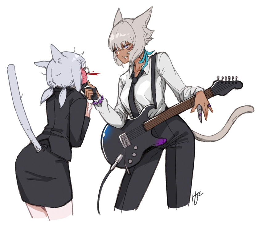 2girls absurdres animal_ears artist_self-insert blood blush breasts cat_ears cat_tail cropped_legs dark_skin dark_skinned_female facial_mark feathers final_fantasy final_fantasy_xiv formal full-face_blush gloves grey_hair guitar hair_feathers highres hjz_(artemi) instrument jewelry looking_at_another medium_breasts miqo'te multiple_girls neck_tattoo necktie nosebleed partially_fingerless_gloves ring shirt short_hair silver_eyes skirt_suit suit suit_jacket tail tattoo whisker_markings white_background white_hair white_shirt y'shtola_rhul